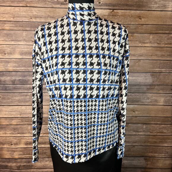 Nine West Black White & Blue Stripe Houndstooth Blouse Keyhole Back Size Small - Picture 2 of 8